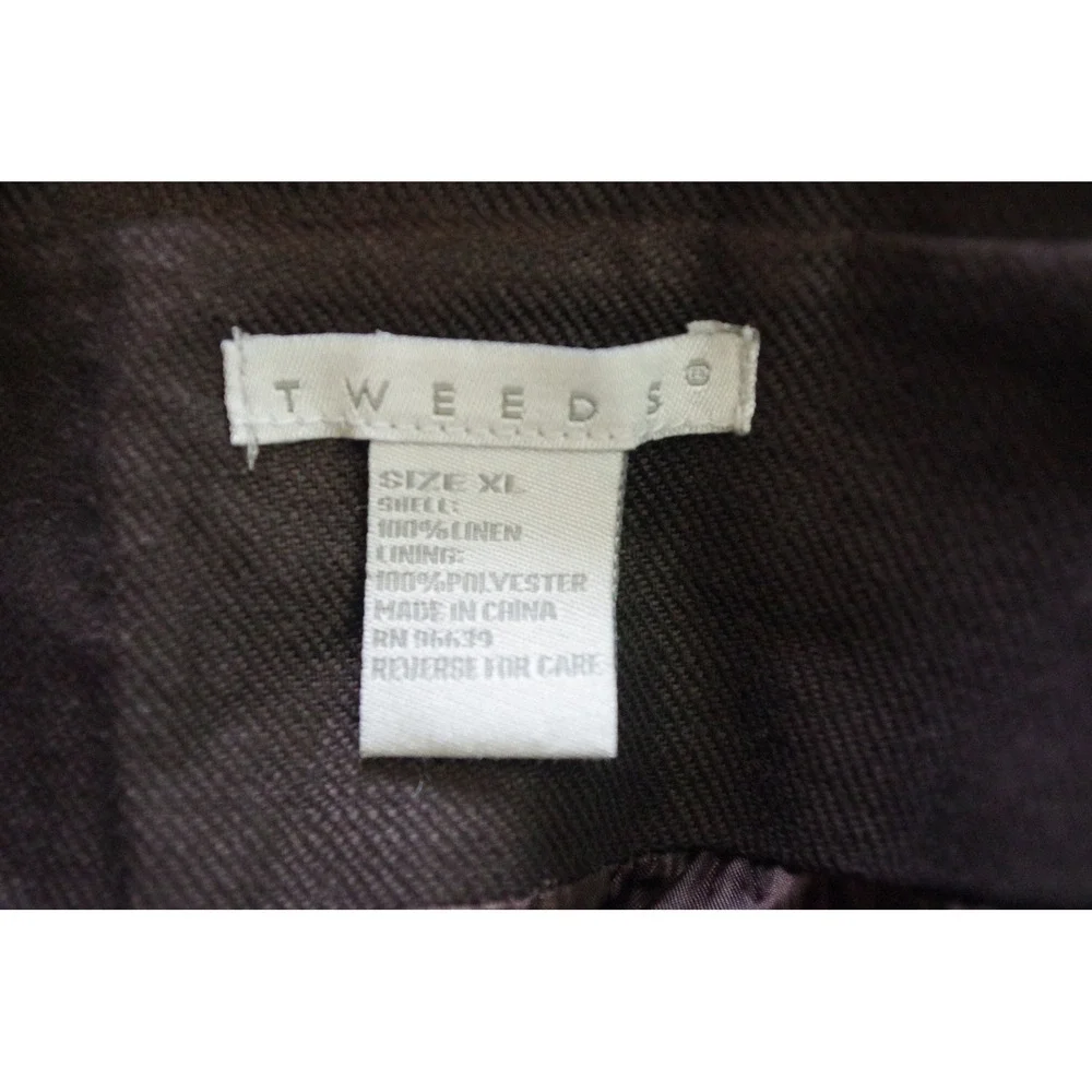 Tweeds Woman's XL Brown 100% Linen Double Breasted Jacket Peter Pan Collar